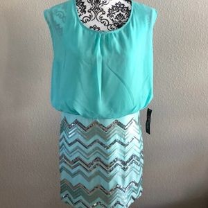Blouson Mini Dress, Aqua Mint, Silver Sequins